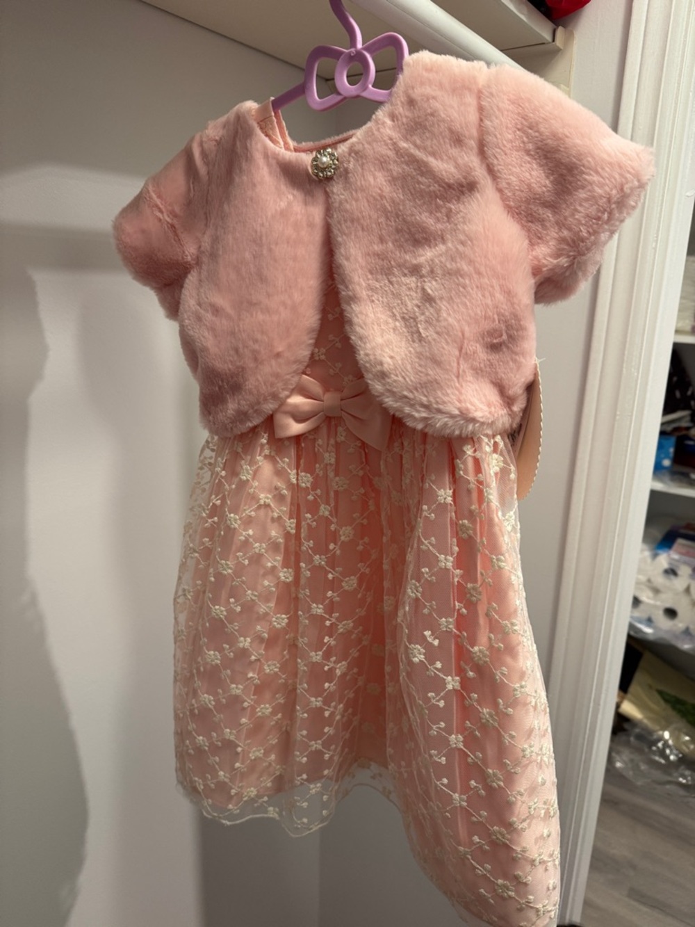 American Princess Pink Floral Lace Bow Formal Dress with Faux Fur Bolero